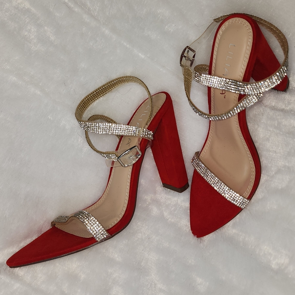 Liliana Red Chunky Heels with Rhinestone Straps - 7
